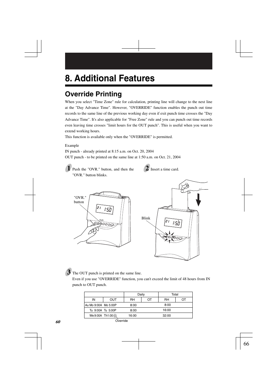 Additional features, Override printing | Acroprint ES1000 Totalizing Payroll Recorder User Manual | Page 66 / 76
