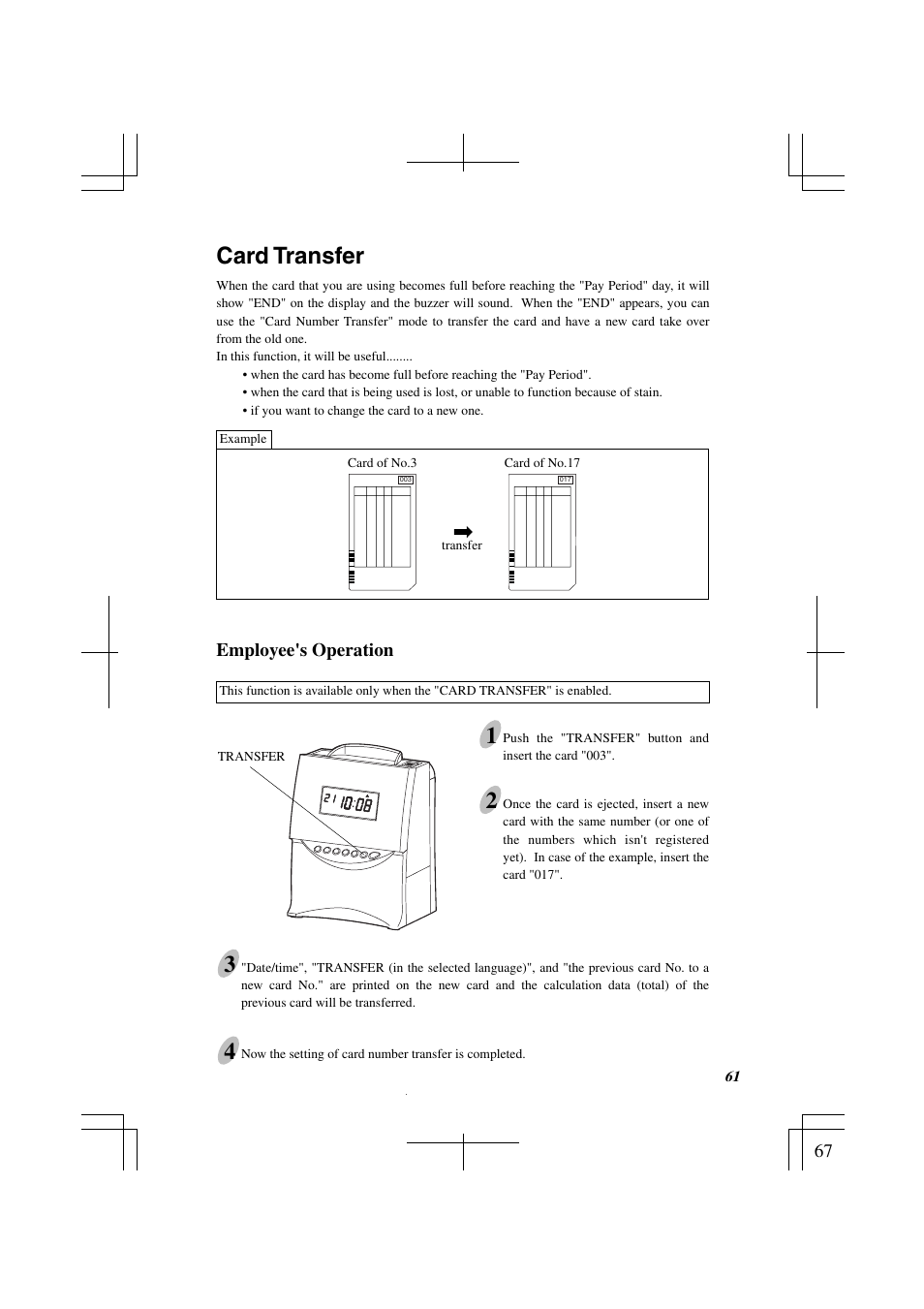 Card transfer | Acroprint ES1000 Totalizing Payroll Recorder User Manual | Page 67 / 76