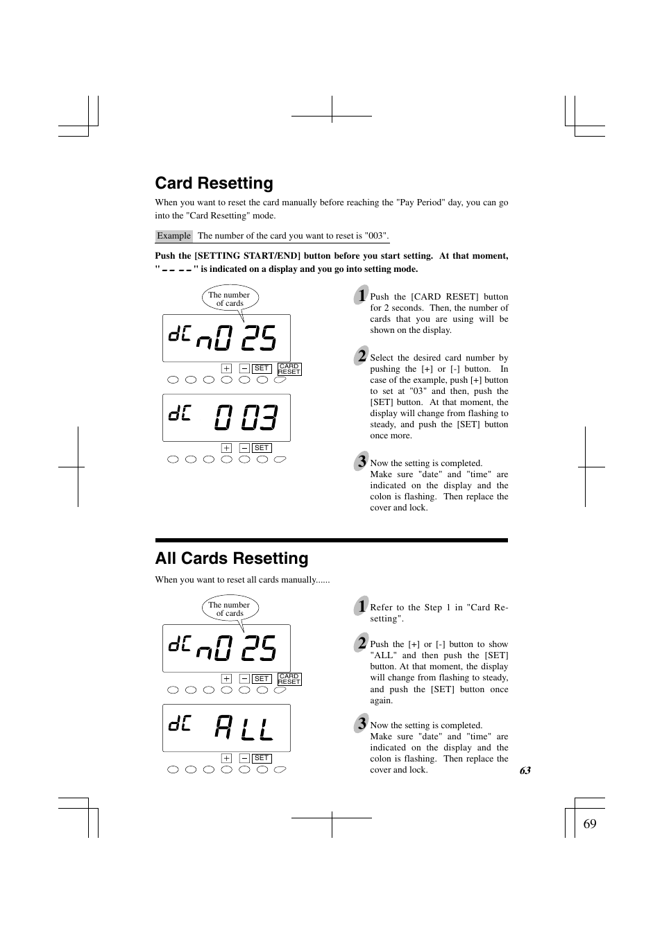 Card resetting, All cards resetting | Acroprint ES1000 Totalizing Payroll Recorder User Manual | Page 69 / 76