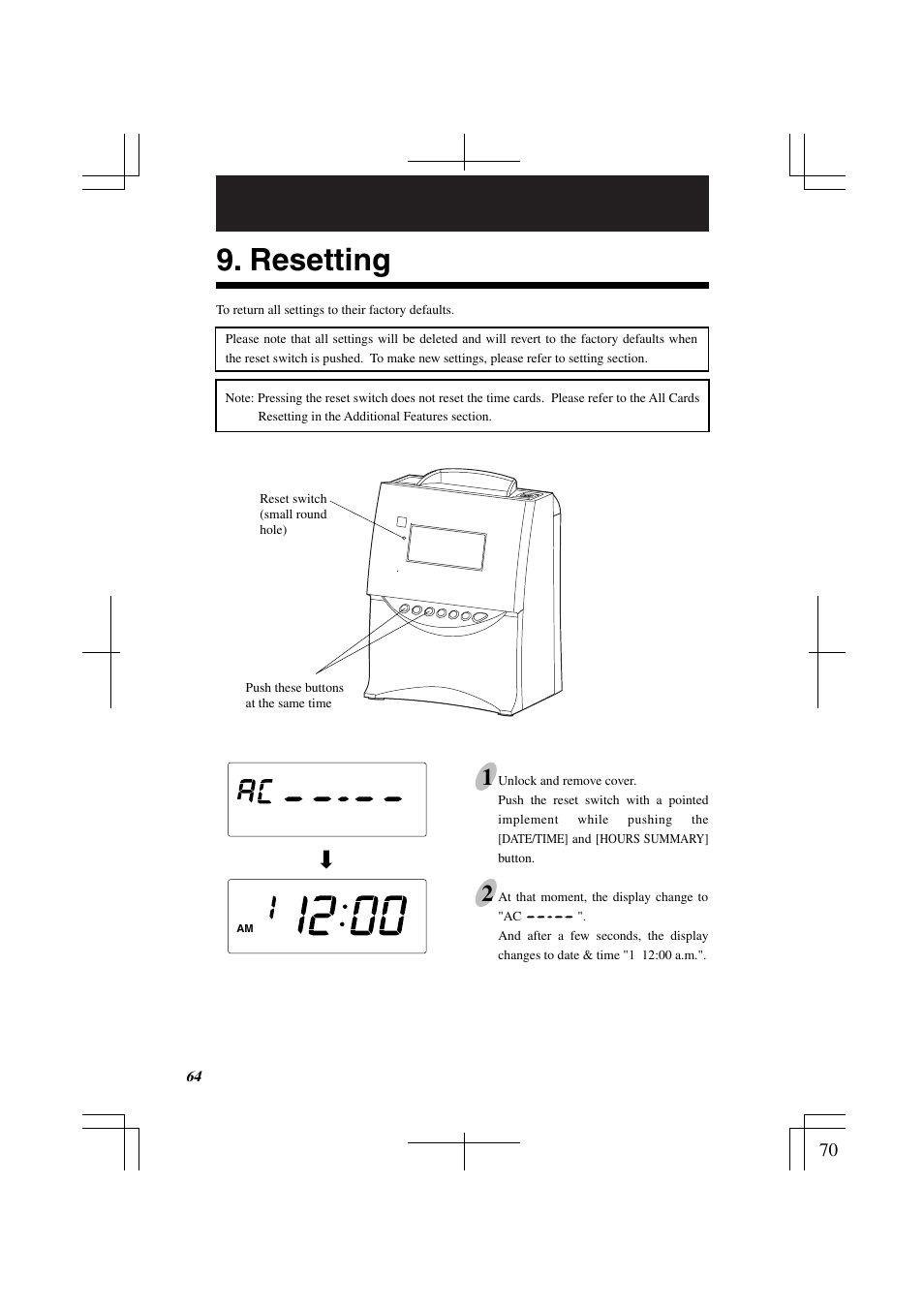 Resetting | Acroprint ES1000 Totalizing Payroll Recorder User Manual | Page 70 / 76