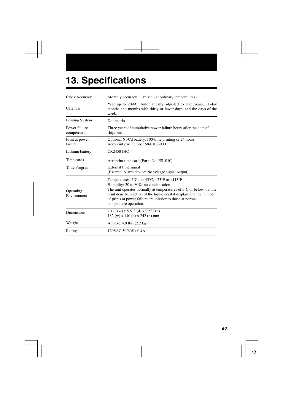 Specifications | Acroprint ES1000 Totalizing Payroll Recorder User Manual | Page 75 / 76
