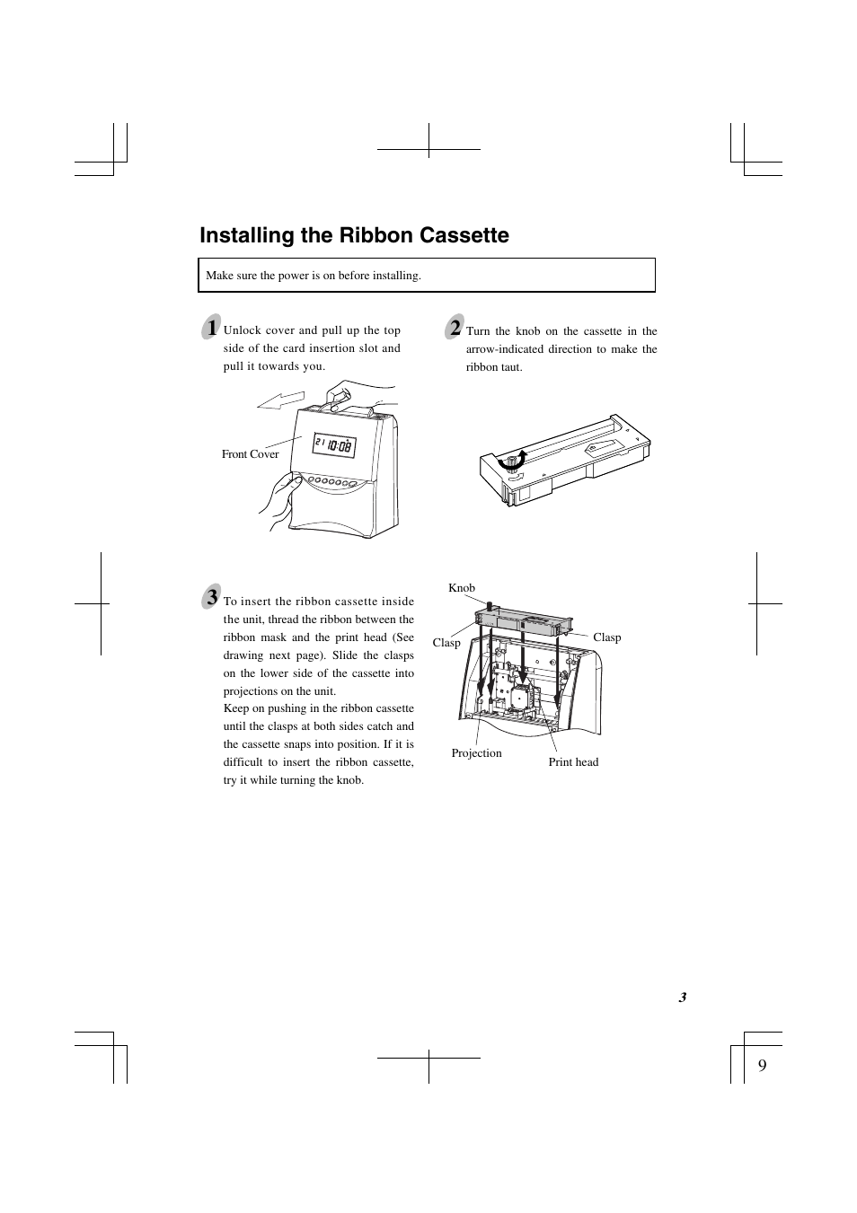Installing the ribbon cassette, Installing the ribbon cassette 1 | Acroprint ES1000 Totalizing Payroll Recorder User Manual | Page 9 / 76