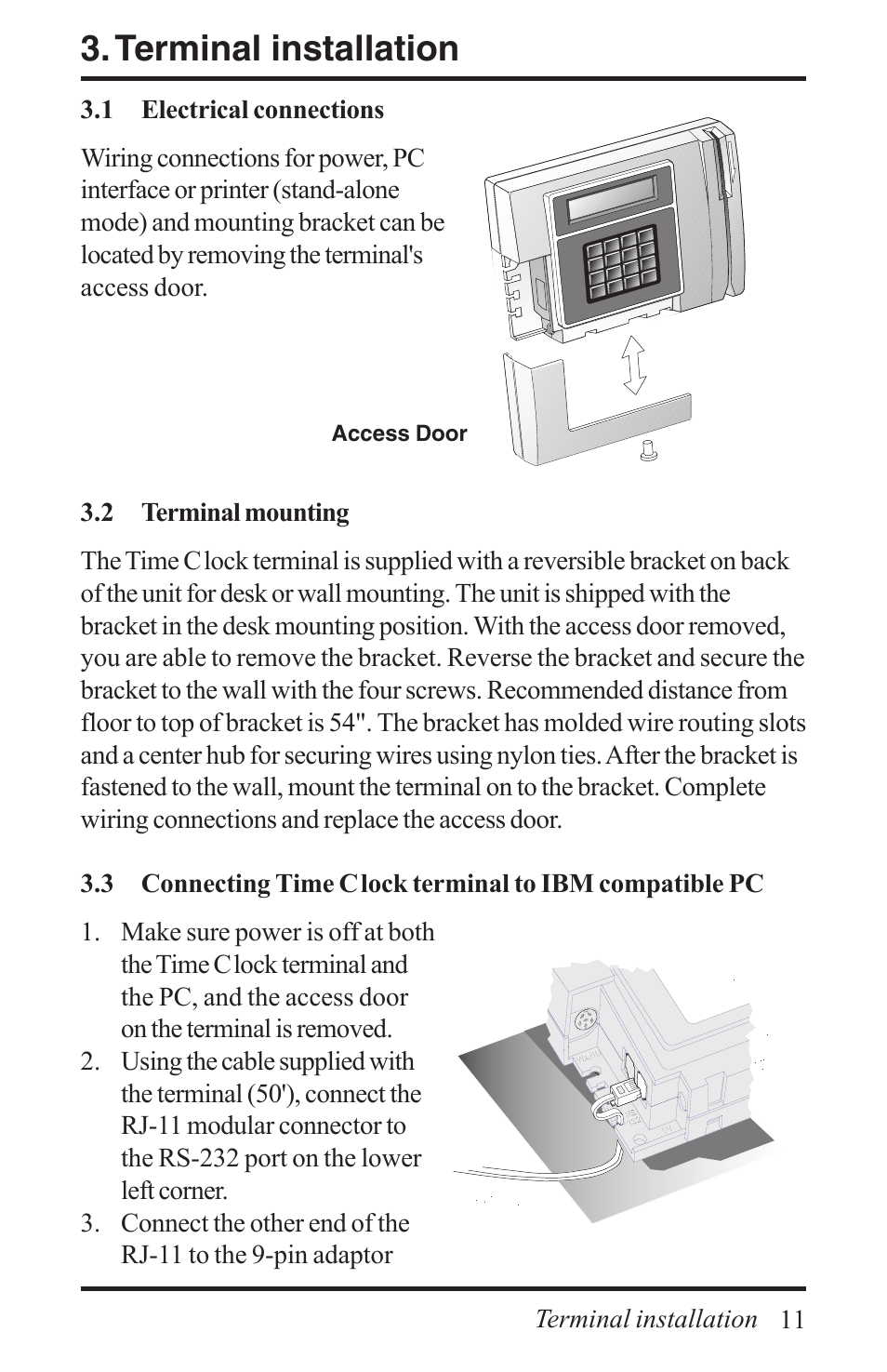 Terminal installation, Access door | Acroprint Time Q +Plus User Manual | Page 11 / 56