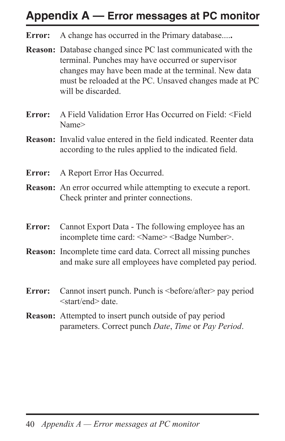 Appendix a, Error messages at pc monitor | Acroprint Time Q +Plus User Manual | Page 40 / 56