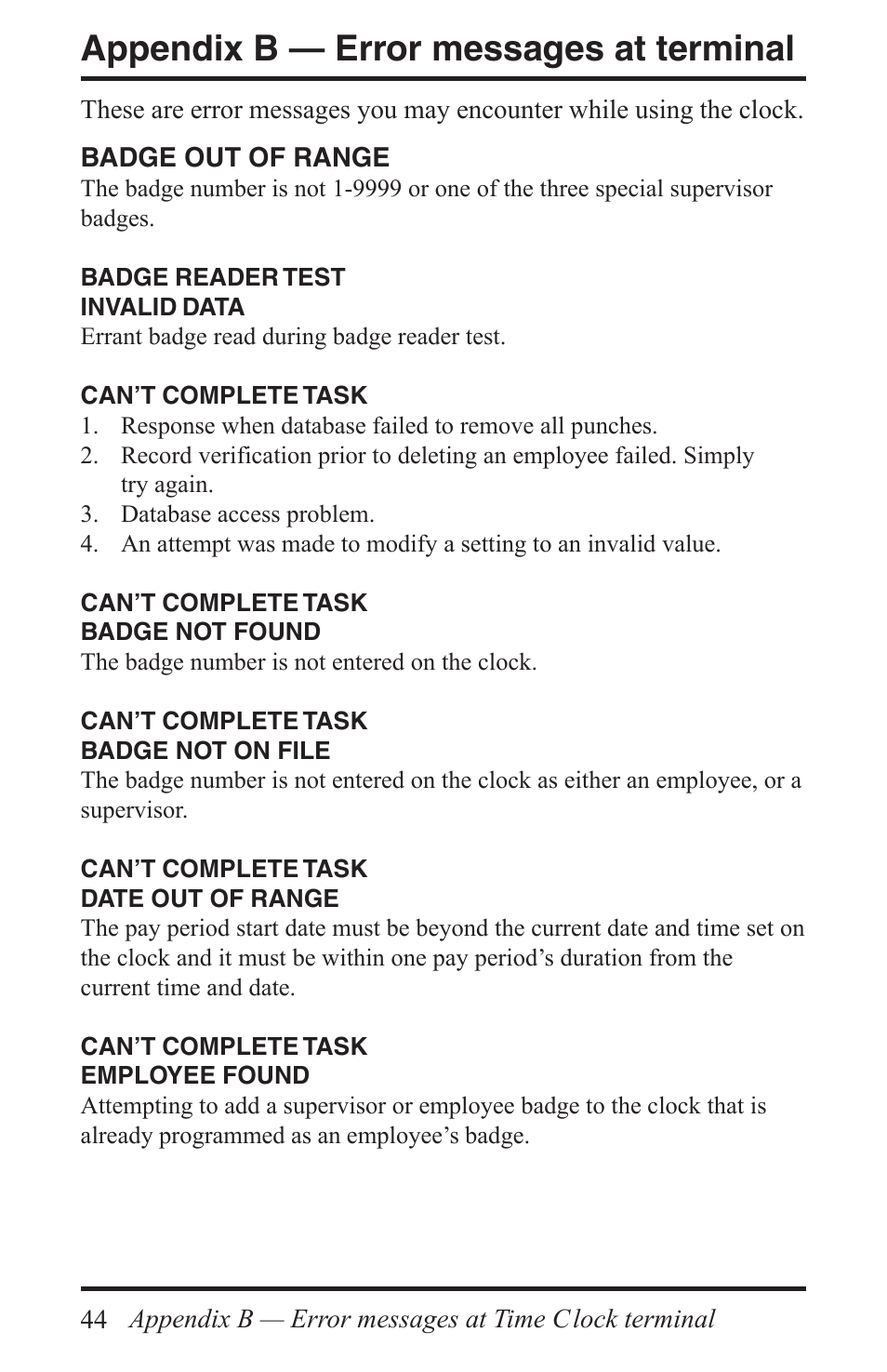 Appendix b — error messages at terminal | Acroprint Time Q +Plus User Manual | Page 44 / 56