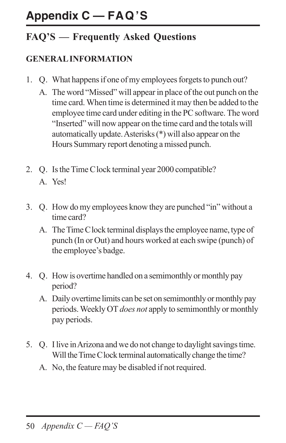 Appendix c — fa q ’s, Faq’s — frequently asked questions | Acroprint Time Q +Plus User Manual | Page 50 / 56