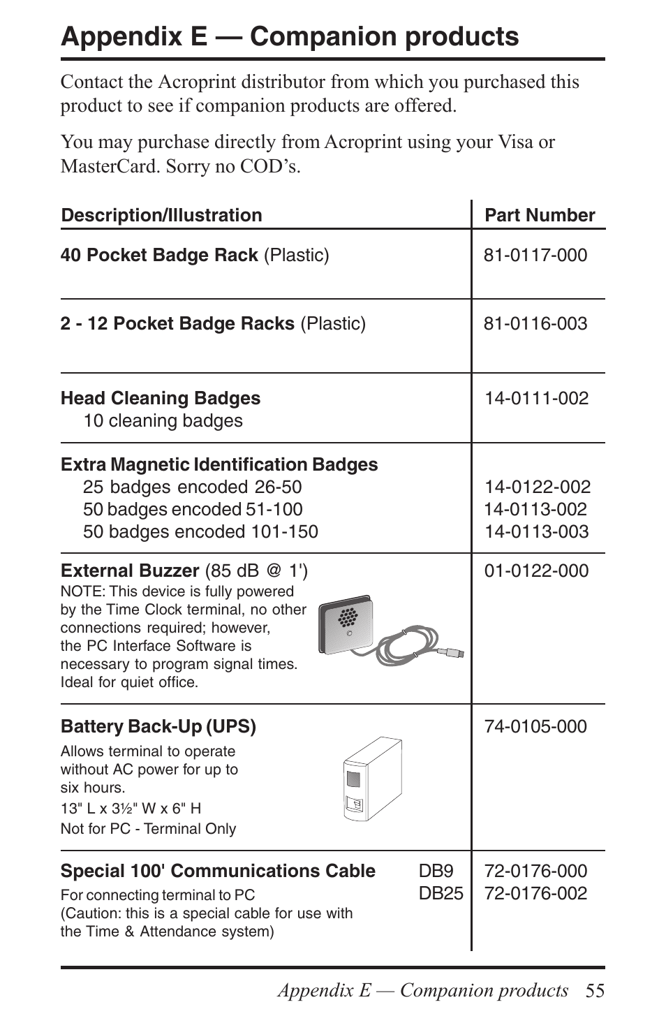 Appendix e — companion products | Acroprint Time Q +Plus User Manual | Page 55 / 56