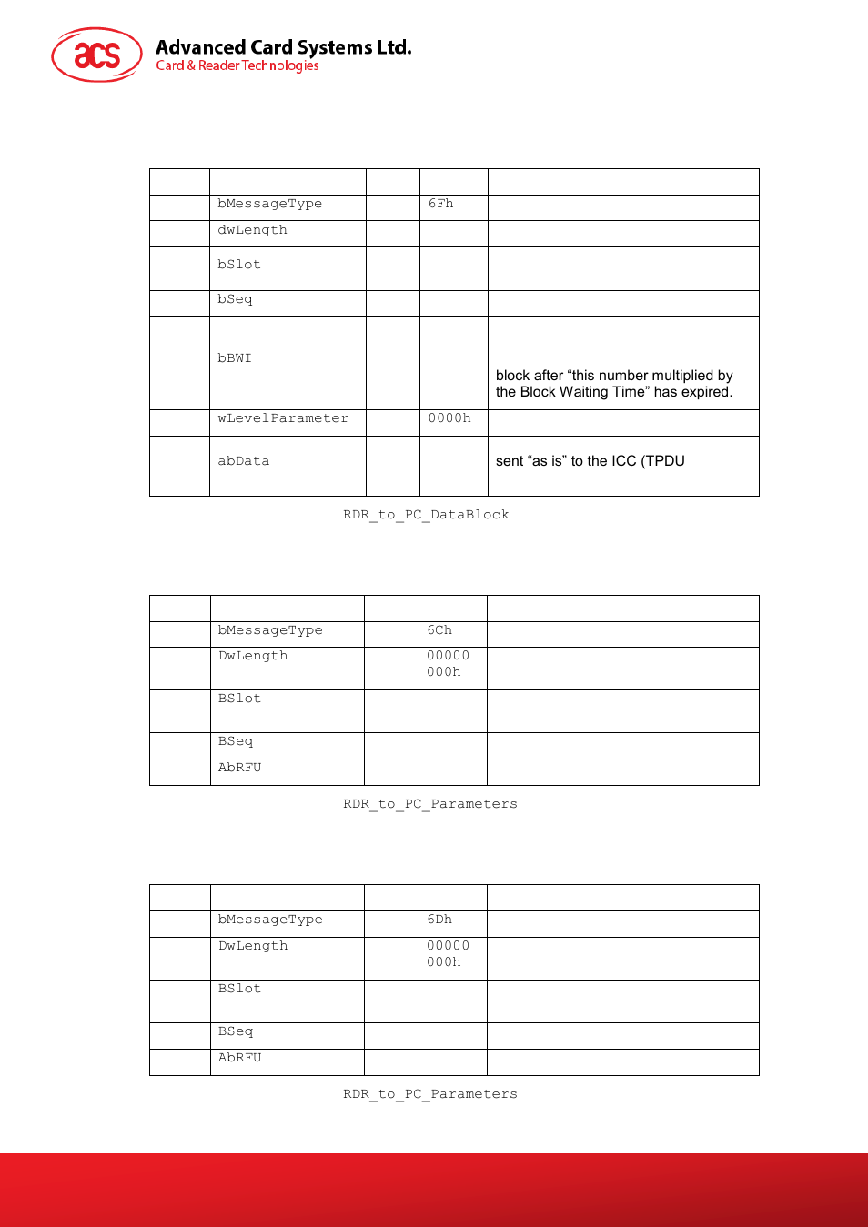 Pc_to_rdr_xfrblock, Pc_to_rdr_getparameters, Pc_to_rdr_resetparameters | ACS ACR100I SIMFlash II User Manual | Page 12 / 20