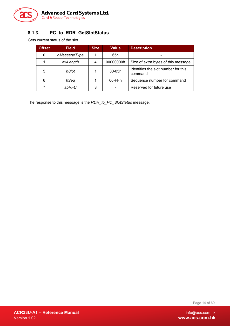 Pc_to_rdr_getslotstatus | ACS ACR33U-A1 SmartDuo Smart Card Reader User Manual | Page 14 / 60