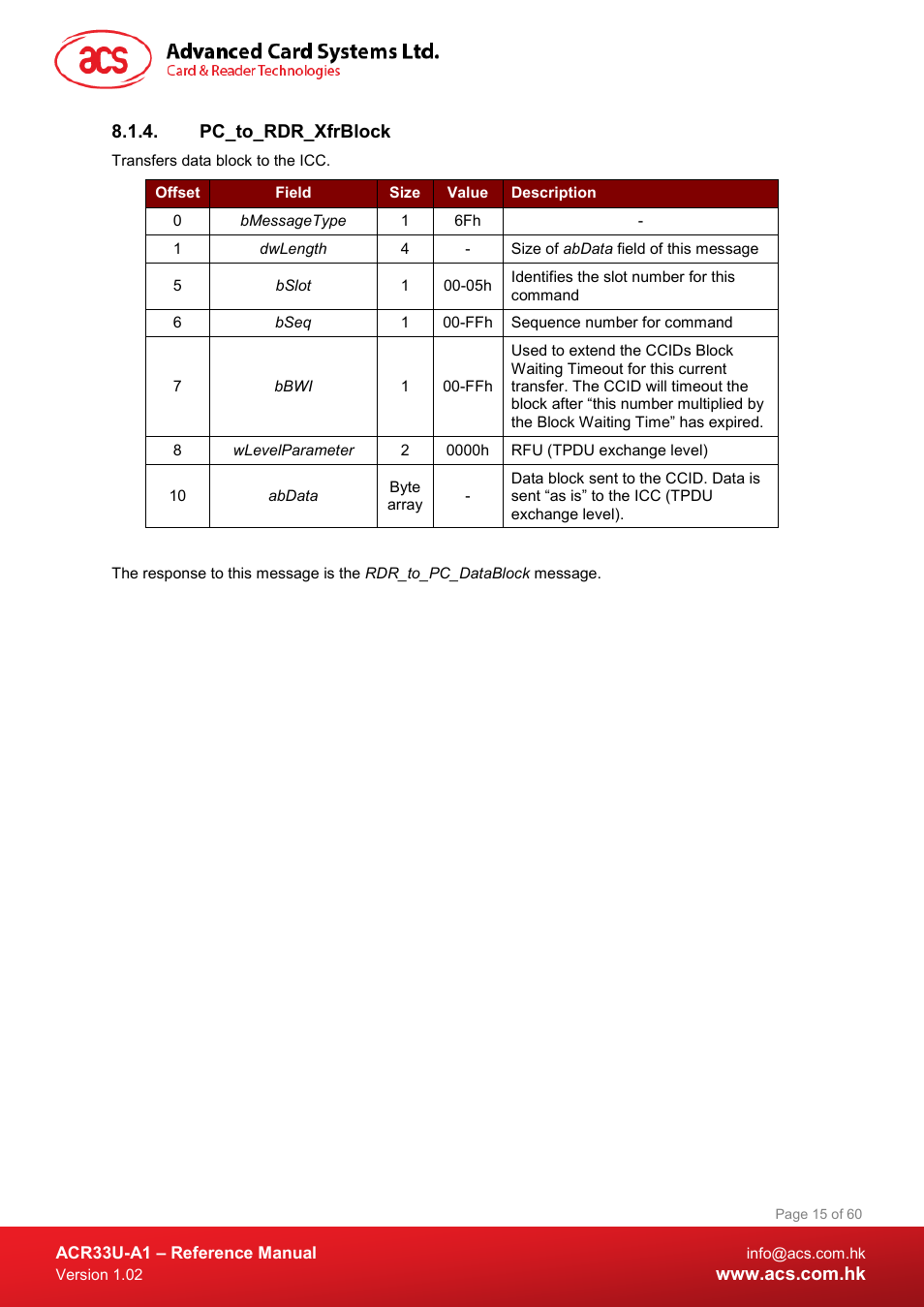 Pc_to_rdr_xfrblock | ACS ACR33U-A1 SmartDuo Smart Card Reader User Manual | Page 15 / 60