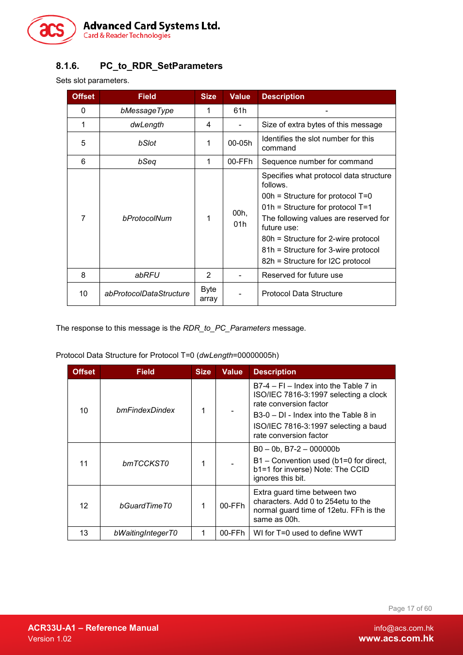 Pc_to_rdr_setparameters | ACS ACR33U-A1 SmartDuo Smart Card Reader User Manual | Page 17 / 60