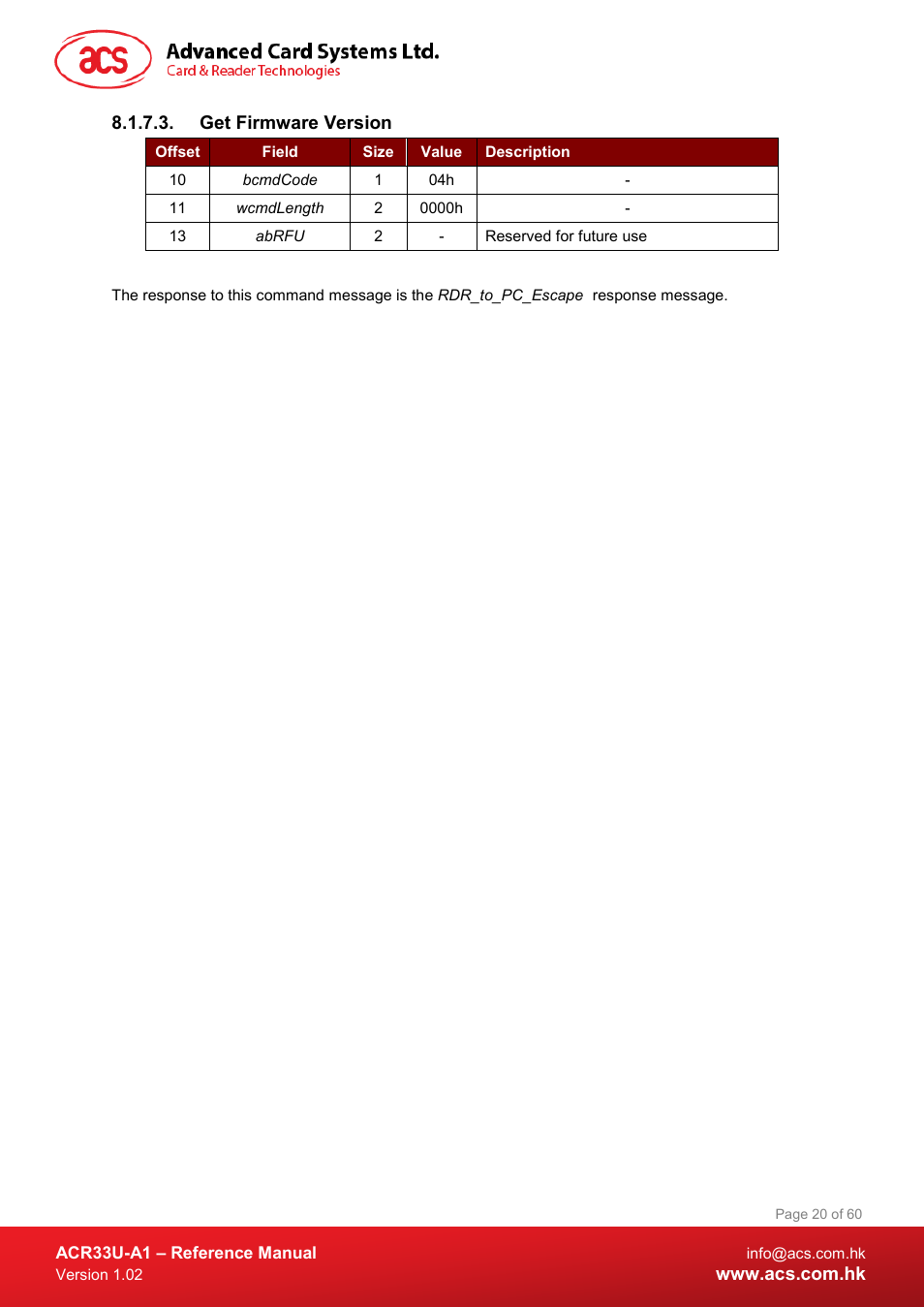 Get firmware version | ACS ACR33U-A1 SmartDuo Smart Card Reader User Manual | Page 20 / 60