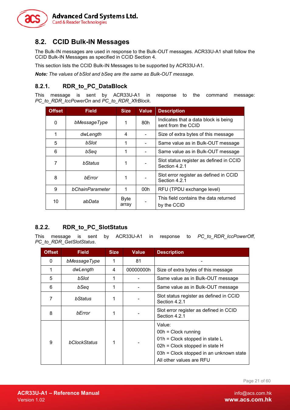 Ccid bulk-in messages, Rdr_to_pc_datablock, Rdr_to_pc_slotstatus | ACS ACR33U-A1 SmartDuo Smart Card Reader User Manual | Page 21 / 60