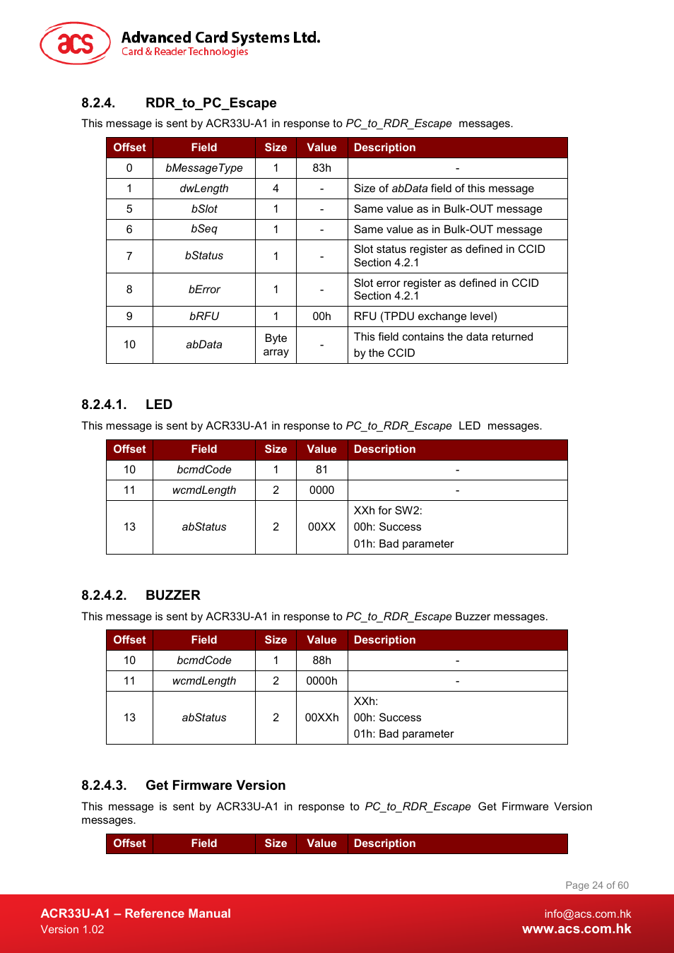 Rdr_to_pc_escape, Buzzer, Get firmware version | ACS ACR33U-A1 SmartDuo Smart Card Reader User Manual | Page 24 / 60