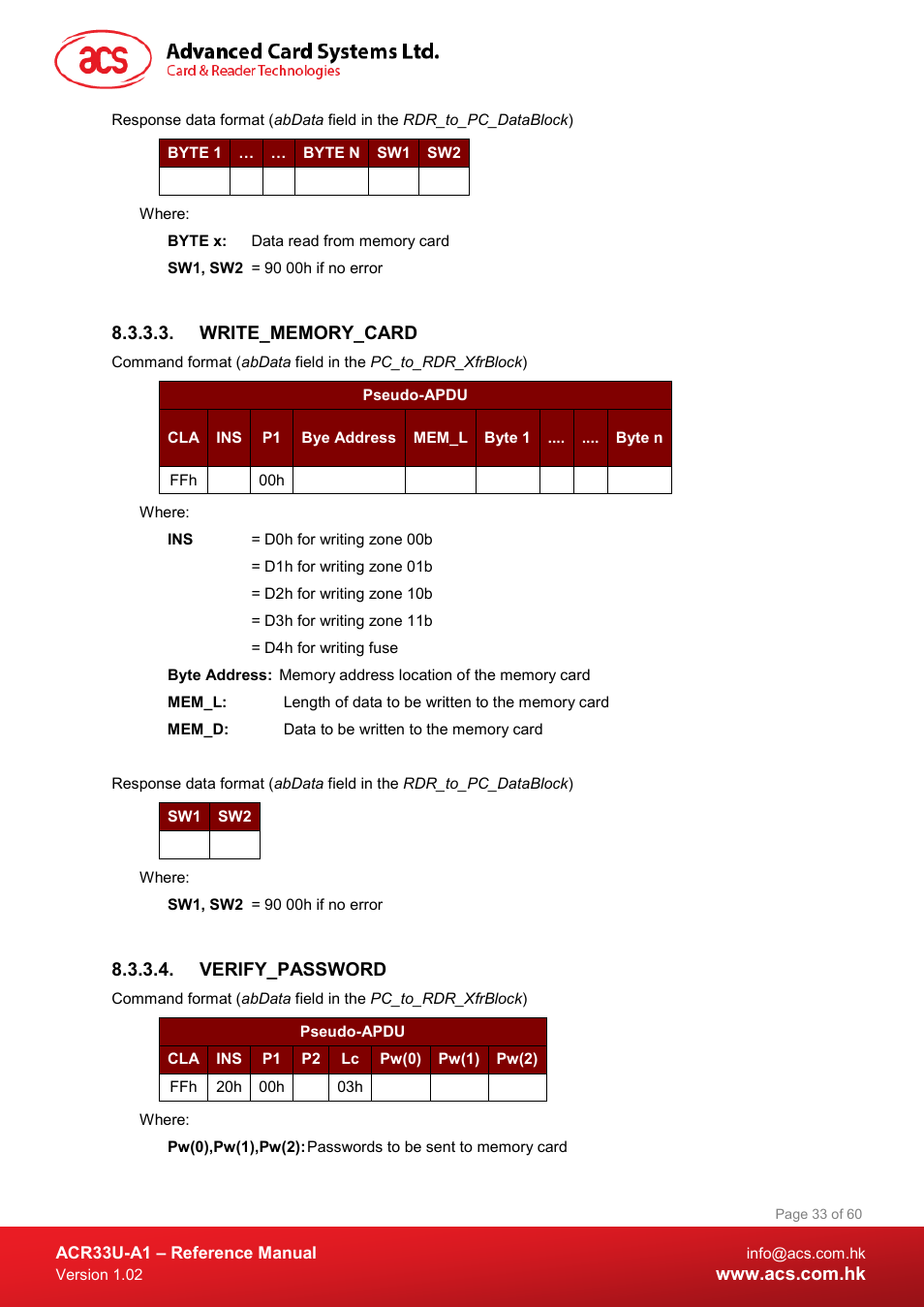 Write_memory_card, Verify_password | ACS ACR33U-A1 SmartDuo Smart Card Reader User Manual | Page 33 / 60