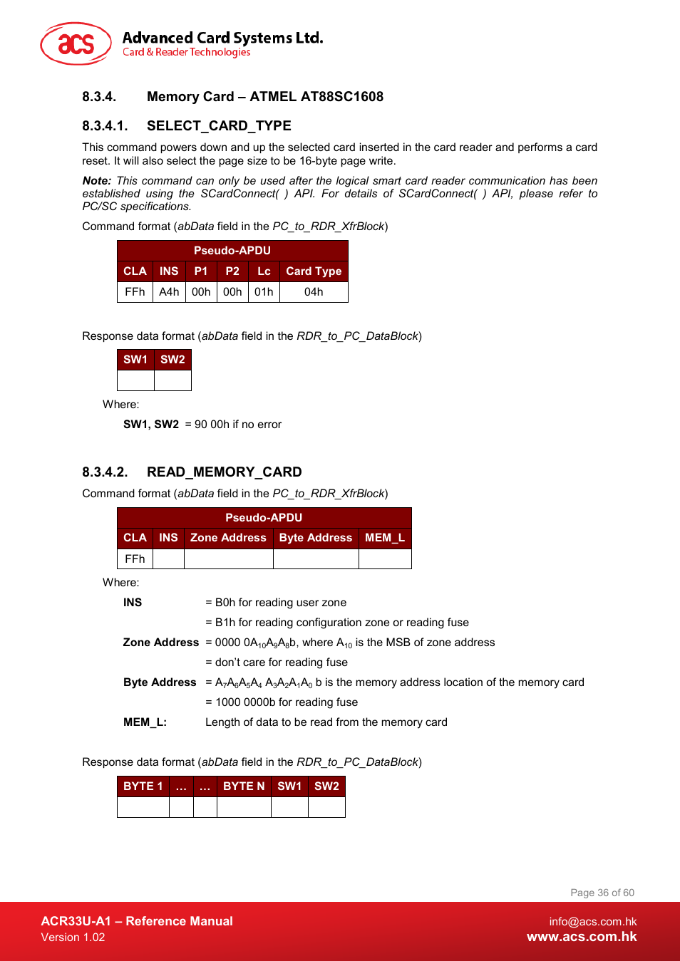 Memory card – atmel at88sc1608, Select_card_type, Read_memory_card | ACS ACR33U-A1 SmartDuo Smart Card Reader User Manual | Page 36 / 60