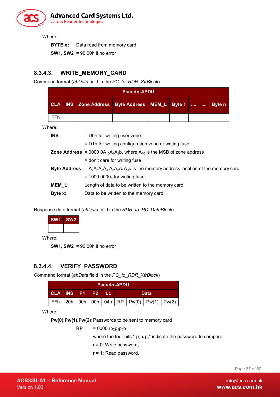 Write_memory_card, Verify_password | ACS ACR33U-A1 SmartDuo Smart Card Reader User Manual | Page 37 / 60