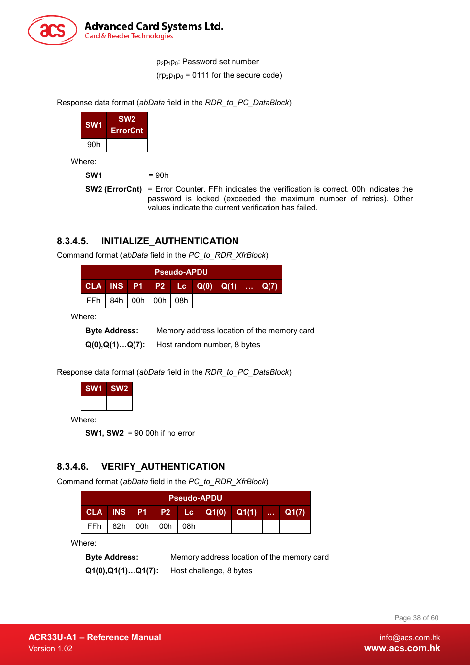 Initialize_authentication, Verify_authentication | ACS ACR33U-A1 SmartDuo Smart Card Reader User Manual | Page 38 / 60