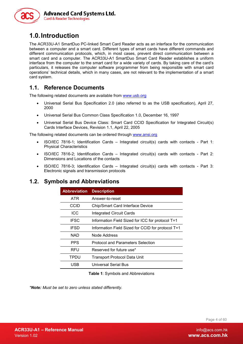 Introduction, Reference documents, Symbols and abbreviations | Table 1 : symbols and abbreviations | ACS ACR33U-A1 SmartDuo Smart Card Reader User Manual | Page 4 / 60