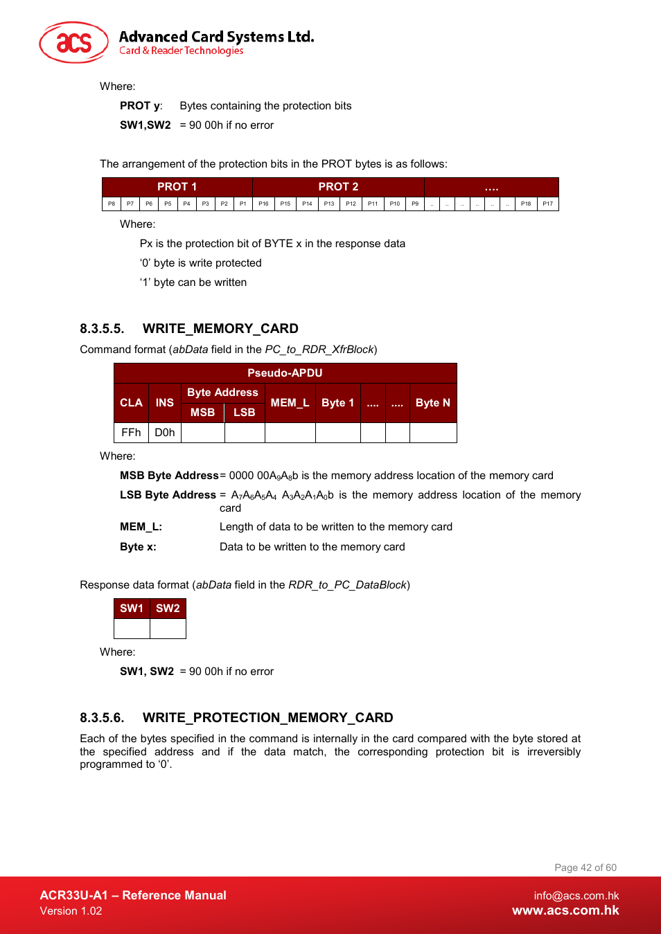 Write_memory_card, Write_protection_memory_card, Acr33u-a1 – reference manual | ACS ACR33U-A1 SmartDuo Smart Card Reader User Manual | Page 42 / 60
