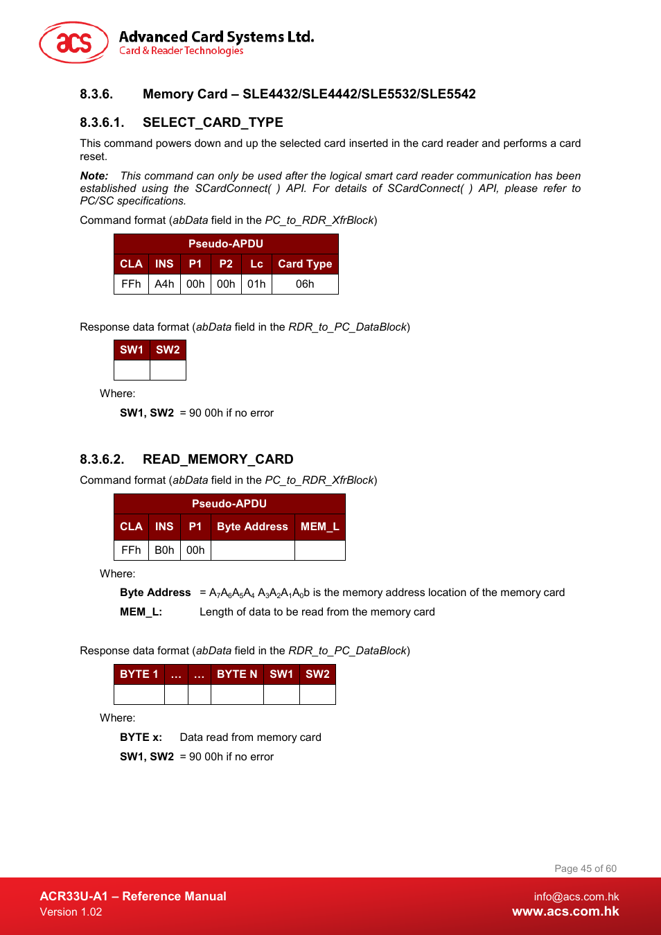 Memory card – sle4432/sle4442/sle5532/sle5542, Select_card_type, Read_memory_card | ACS ACR33U-A1 SmartDuo Smart Card Reader User Manual | Page 45 / 60