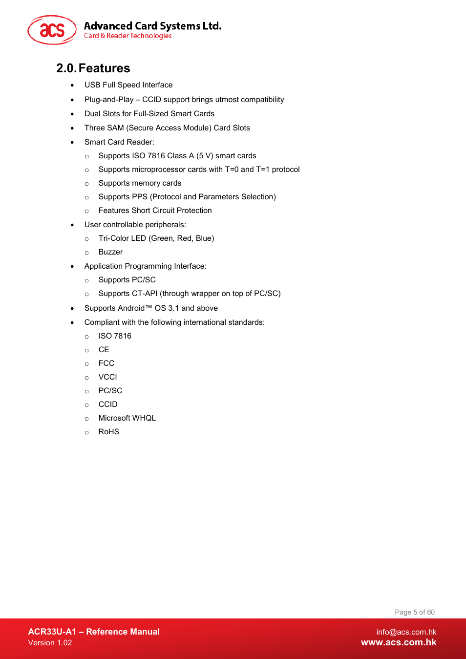 Features | ACS ACR33U-A1 SmartDuo Smart Card Reader User Manual | Page 5 / 60