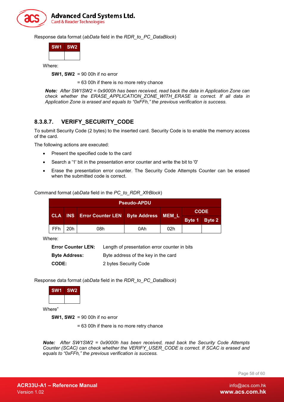 Verify_security_code | ACS ACR33U-A1 SmartDuo Smart Card Reader User Manual | Page 58 / 60