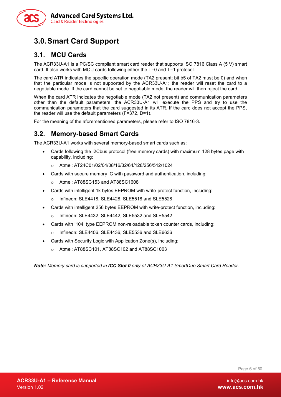 Smart card support, Mcu cards, Memory-based smart cards | ACS ACR33U-A1 SmartDuo Smart Card Reader User Manual | Page 6 / 60