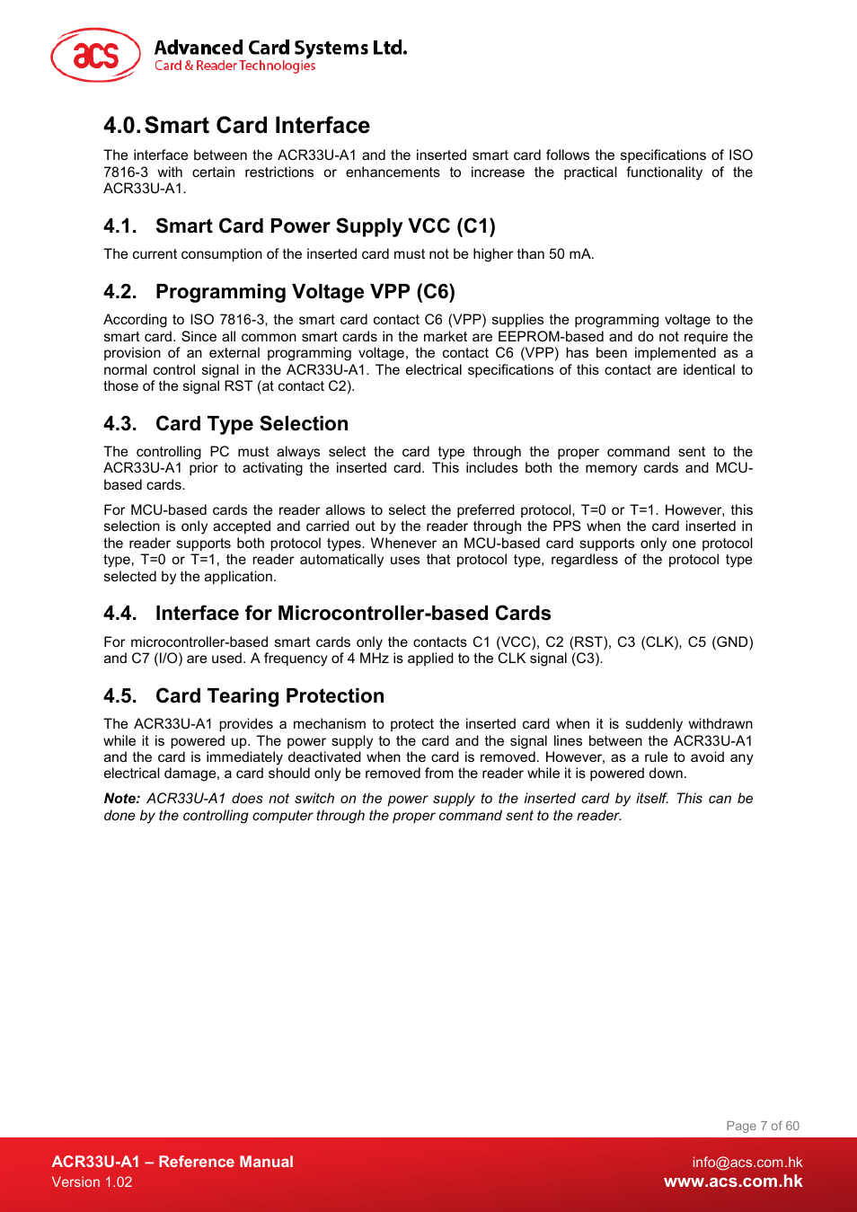 Smart card interface, Smart card power supply vcc (c1), Programming voltage vpp (c6) | Card type selection, Interface for microcontroller-based cards, Card tearing protection | ACS ACR33U-A1 SmartDuo Smart Card Reader User Manual | Page 7 / 60