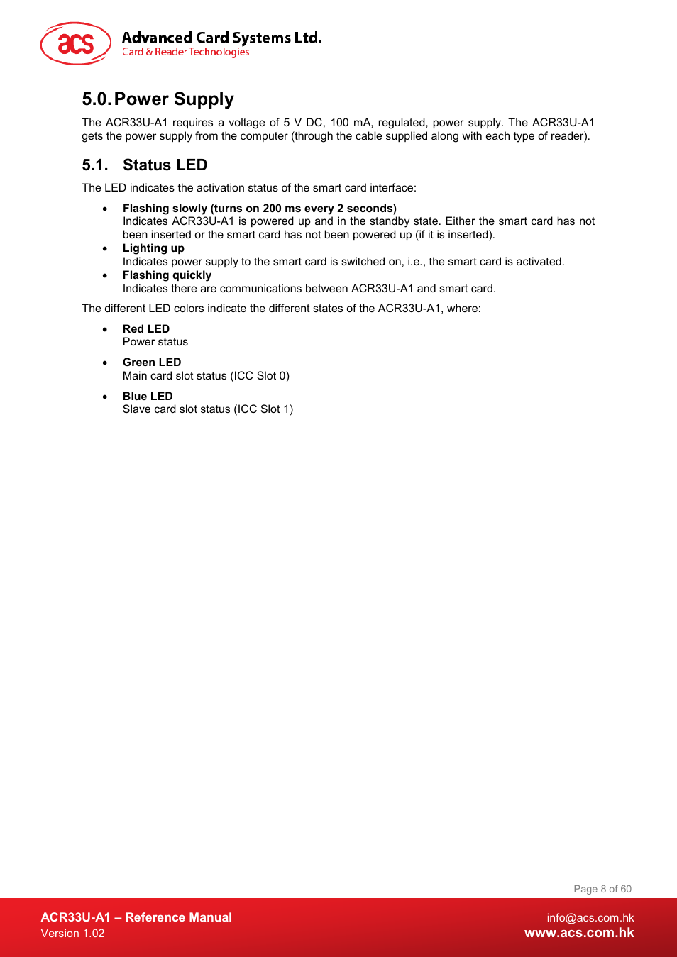 Power supply, Status led | ACS ACR33U-A1 SmartDuo Smart Card Reader User Manual | Page 8 / 60