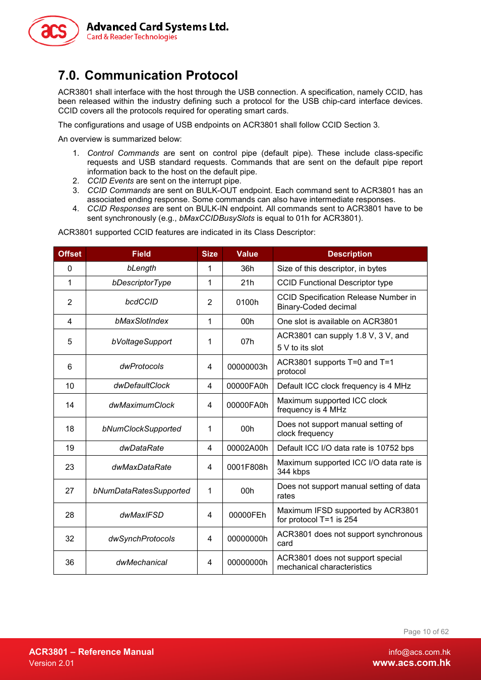 Communication protocol | ACS ACR3801 Smart Card Reader User Manual | Page 10 / 62