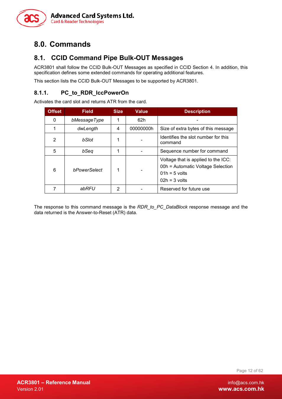 Commands, Ccid command pipe bulk-out messages, Pc_to_rdr_iccpoweron | ACS ACR3801 Smart Card Reader User Manual | Page 12 / 62