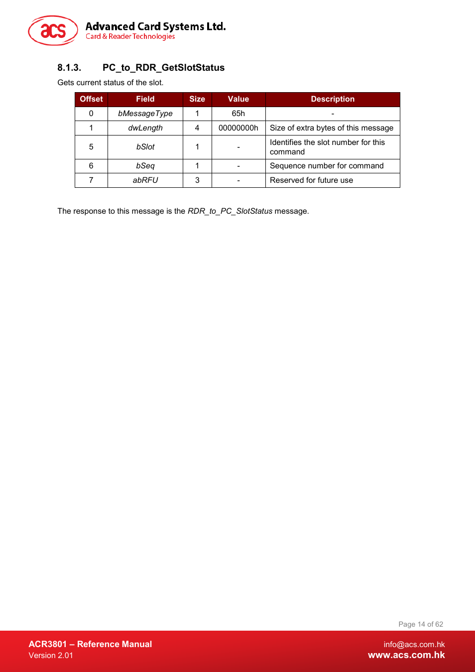 Pc_to_rdr_getslotstatus | ACS ACR3801 Smart Card Reader User Manual | Page 14 / 62