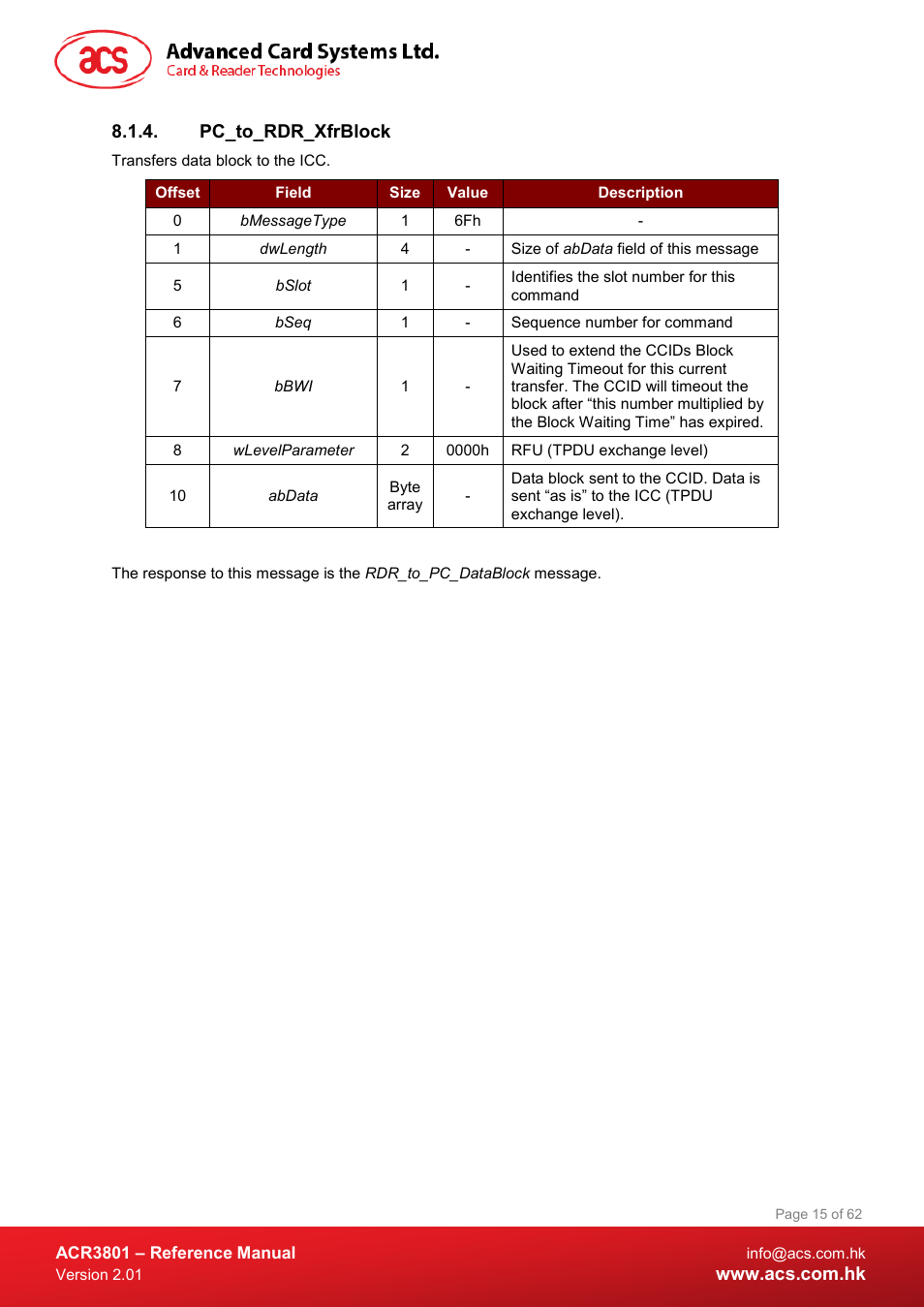 Pc_to_rdr_xfrblock | ACS ACR3801 Smart Card Reader User Manual | Page 15 / 62