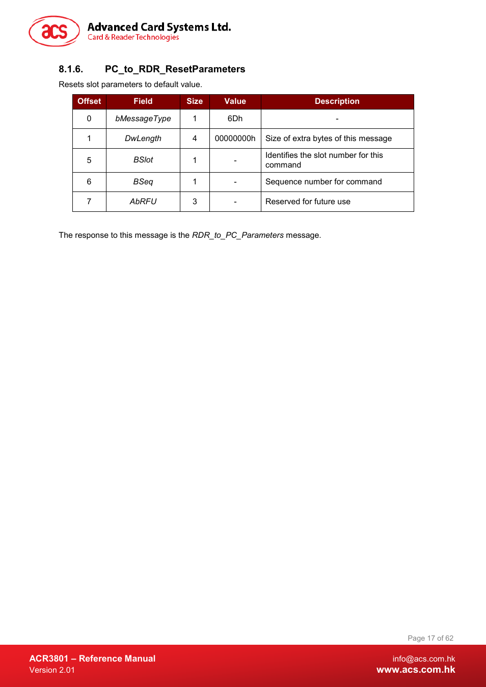 Pc_to_rdr_resetparameters | ACS ACR3801 Smart Card Reader User Manual | Page 17 / 62