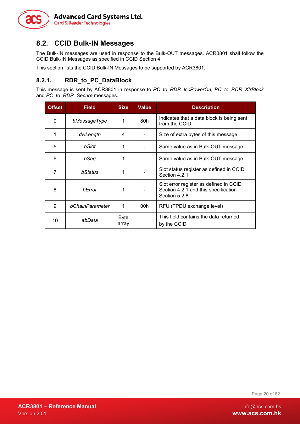 Ccid bulk-in messages, Rdr_to_pc_datablock | ACS ACR3801 Smart Card Reader User Manual | Page 20 / 62