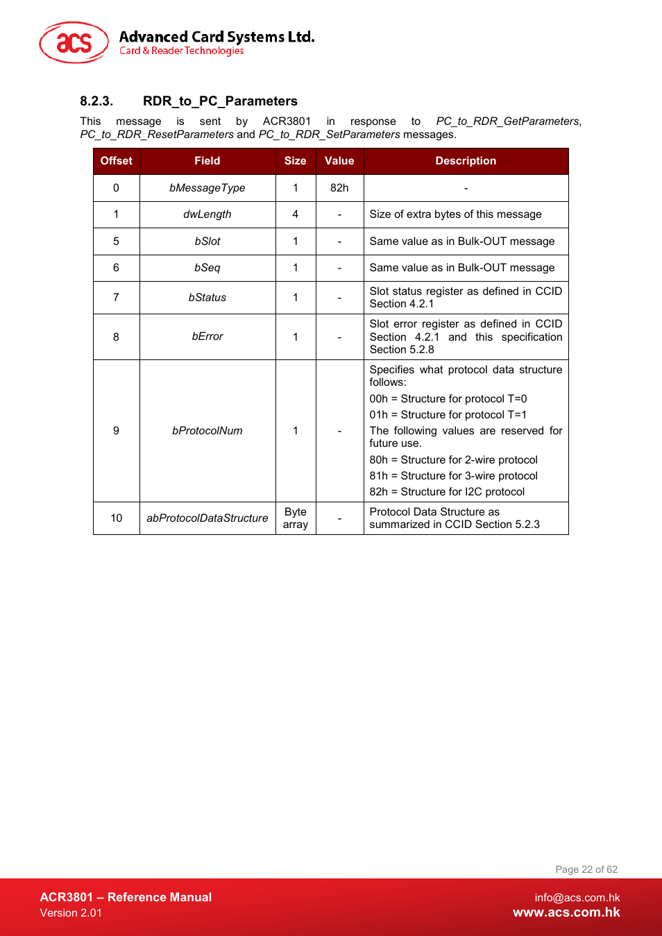 Rdr_to_pc_parameters | ACS ACR3801 Smart Card Reader User Manual | Page 22 / 62