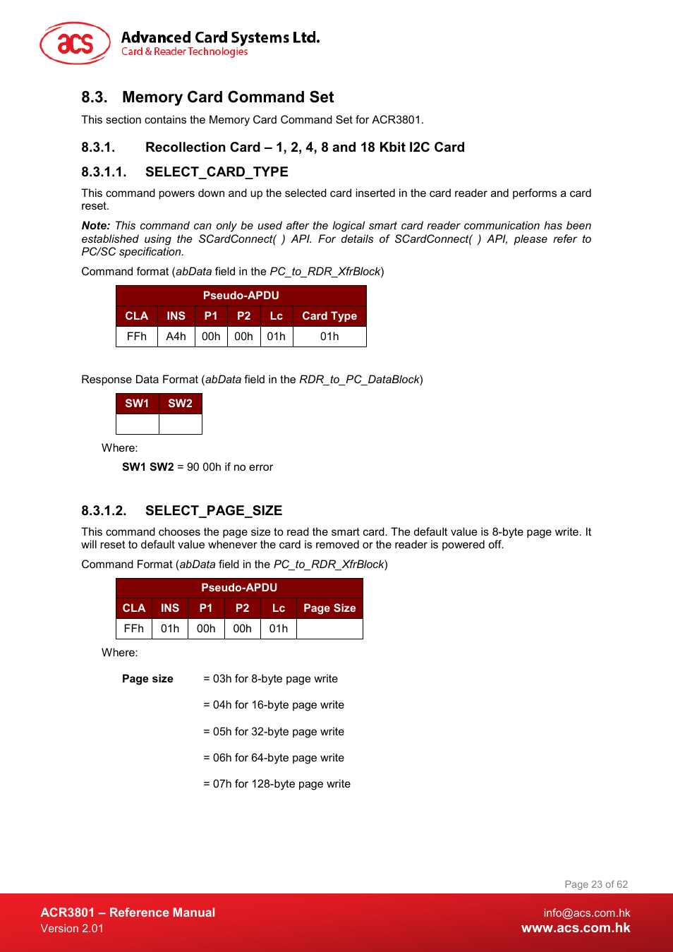 Memory card command set, Select_card_type, Select_page_size | ACS ACR3801 Smart Card Reader User Manual | Page 23 / 62