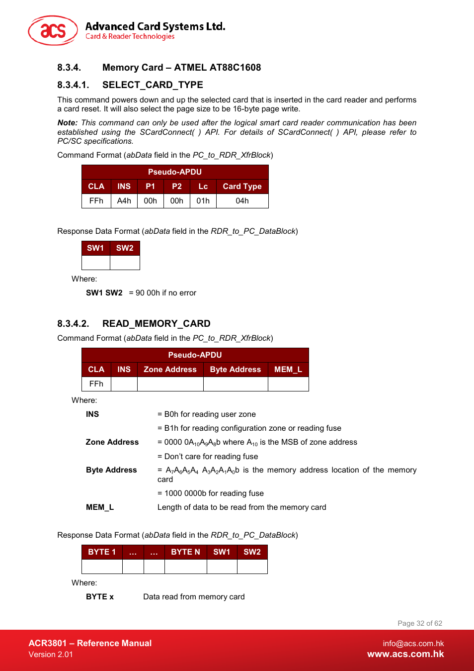 Memory card – atmel at88c1608, Select_card_type, Read_memory_card | ACS ACR3801 Smart Card Reader User Manual | Page 32 / 62