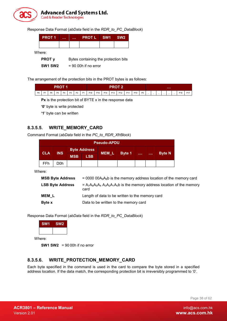 Write_memory_card, Write_protection_memory_card, Acr3801 – reference manual | ACS ACR3801 Smart Card Reader User Manual | Page 38 / 62