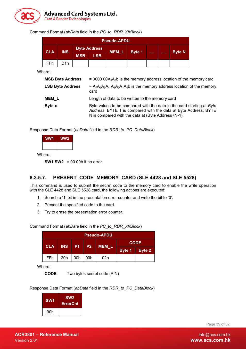 Present_code_memory_card (sle 4428 and sle 5528) | ACS ACR3801 Smart Card Reader User Manual | Page 39 / 62
