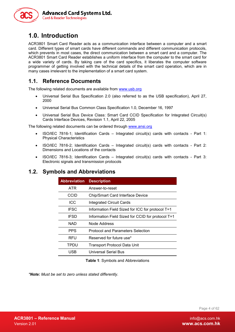 Introduction, Reference documents, Symbols and abbreviations | Table 1 : symbols and abbreviations | ACS ACR3801 Smart Card Reader User Manual | Page 4 / 62