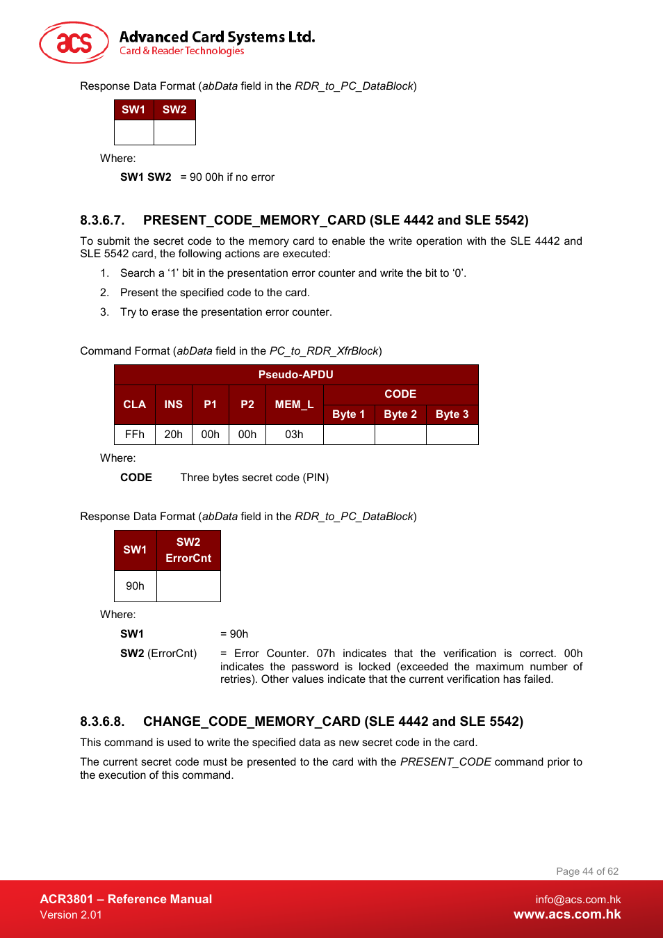 Present_code_memory_card (sle 4442 and sle 5542), Change_code_memory_card (sle 4442 and sle 5542) | ACS ACR3801 Smart Card Reader User Manual | Page 44 / 62