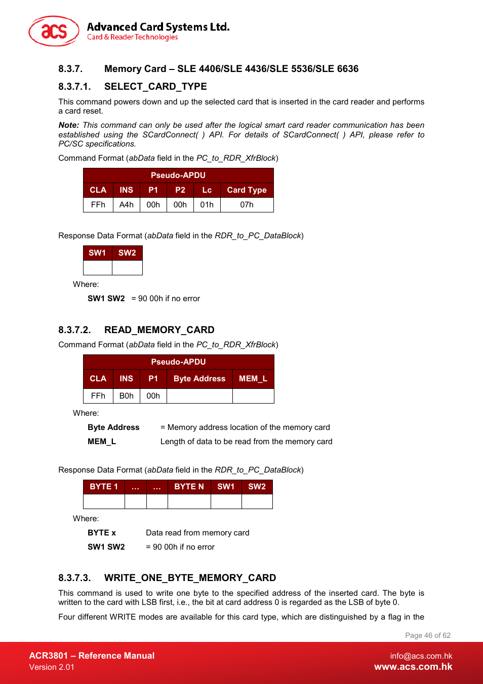 Memory card – sle 4406/sle 4436/sle 5536/sle 6636, Select_card_type, Read_memory_card | Write_one_byte_memory_card | ACS ACR3801 Smart Card Reader User Manual | Page 46 / 62