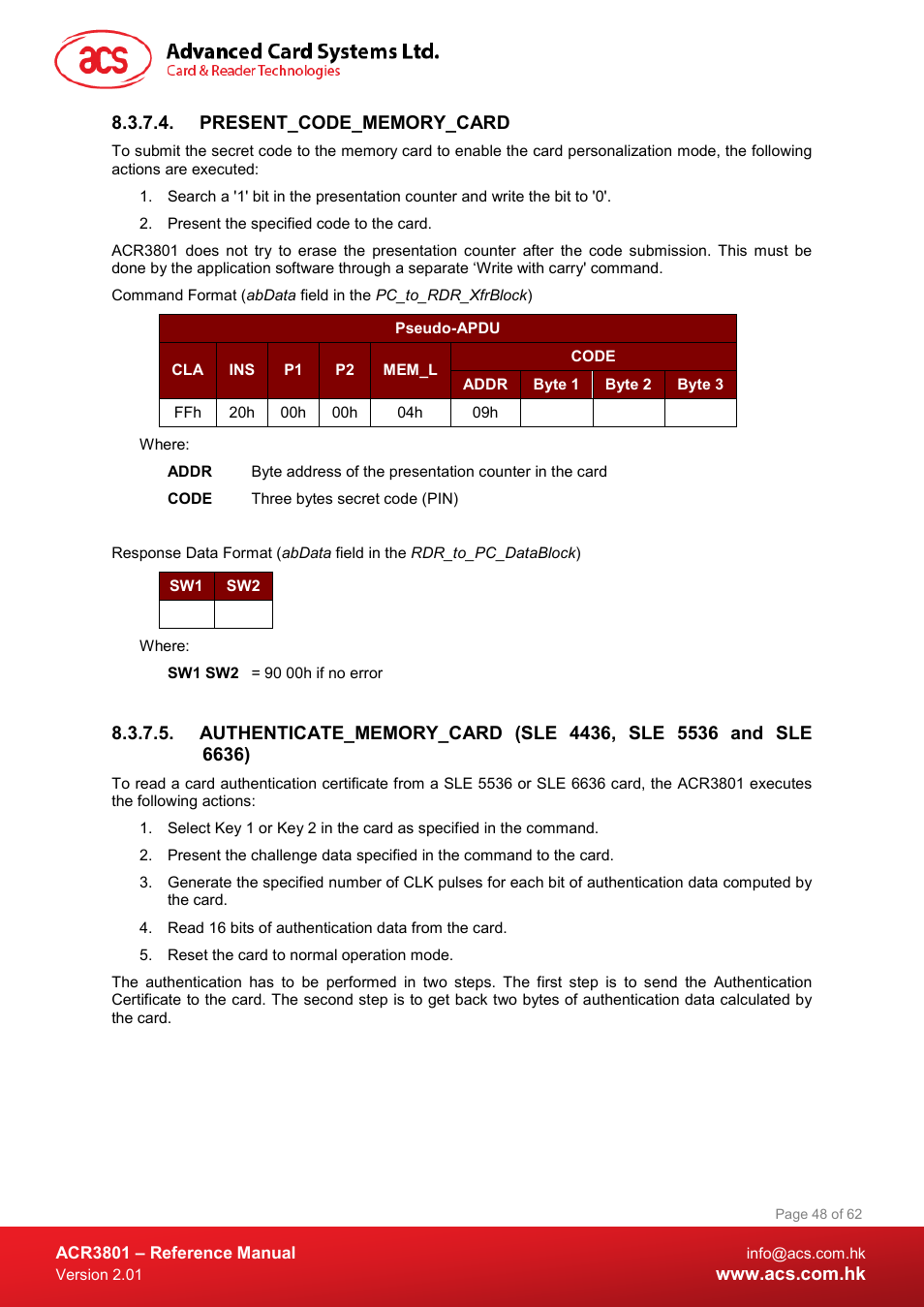 Present_code_memory_card | ACS ACR3801 Smart Card Reader User Manual | Page 48 / 62