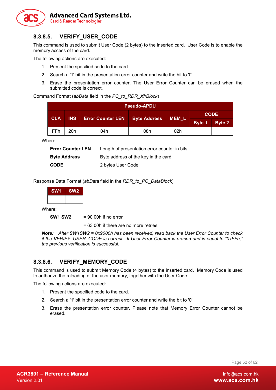 Verify_user_code, Verify_memory_code | ACS ACR3801 Smart Card Reader User Manual | Page 52 / 62