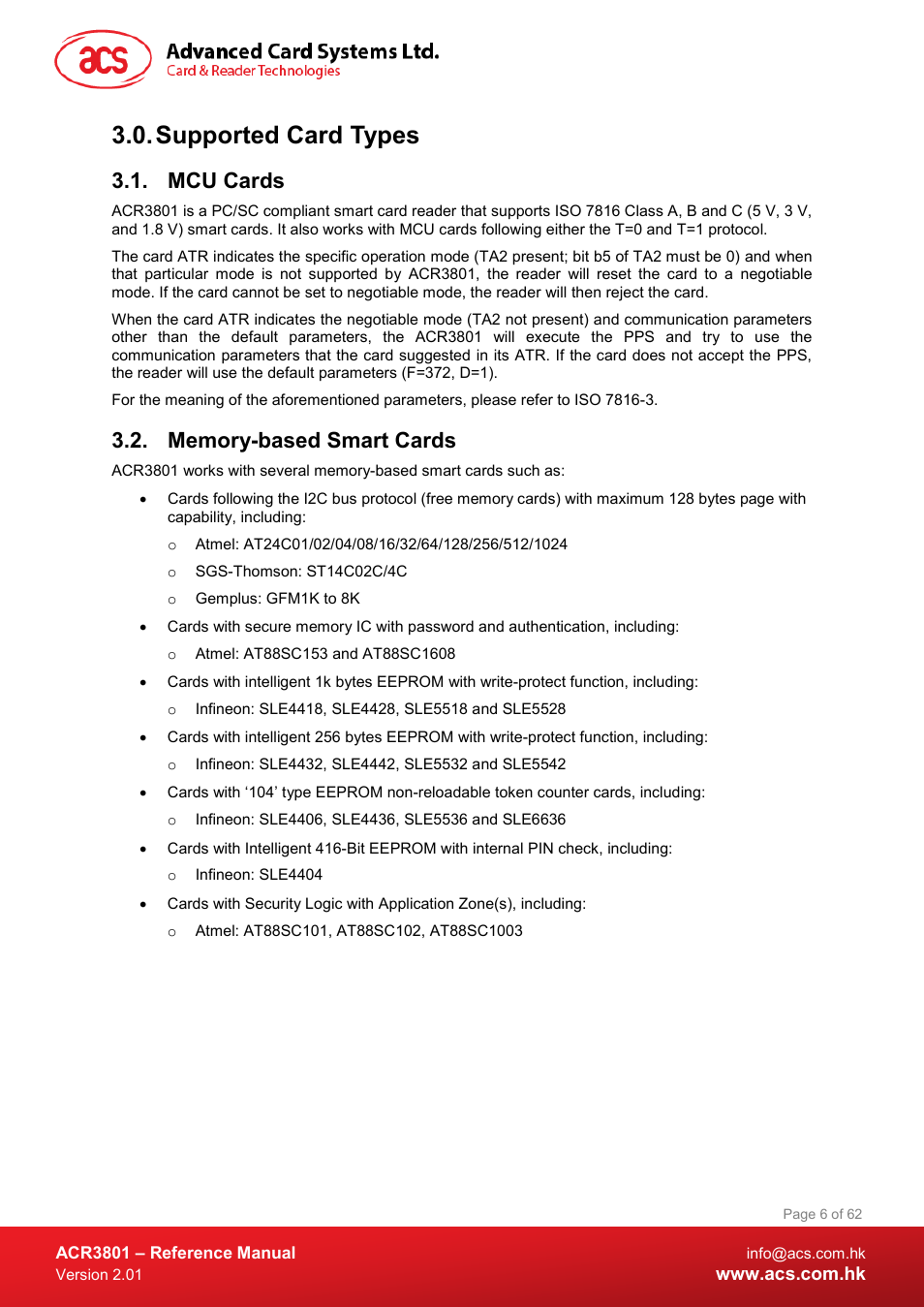 Supported card types, Mcu cards, Memory-based smart cards | ACS ACR3801 Smart Card Reader User Manual | Page 6 / 62