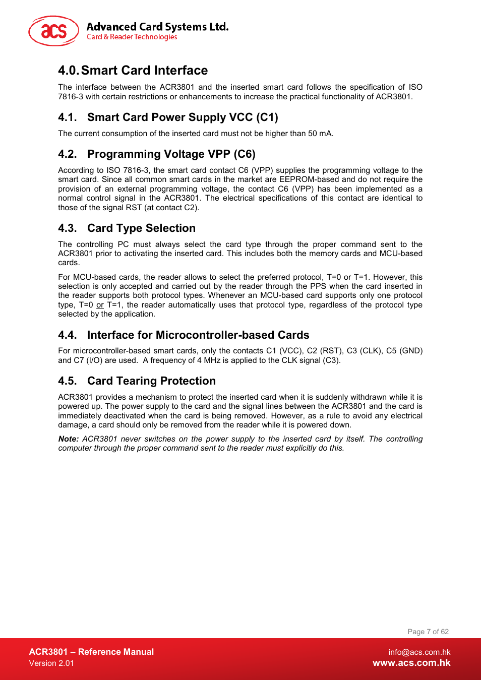 Smart card interface, Smart card power supply vcc (c1), Programming voltage vpp (c6) | Card type selection, Interface for microcontroller-based cards, Card tearing protection | ACS ACR3801 Smart Card Reader User Manual | Page 7 / 62