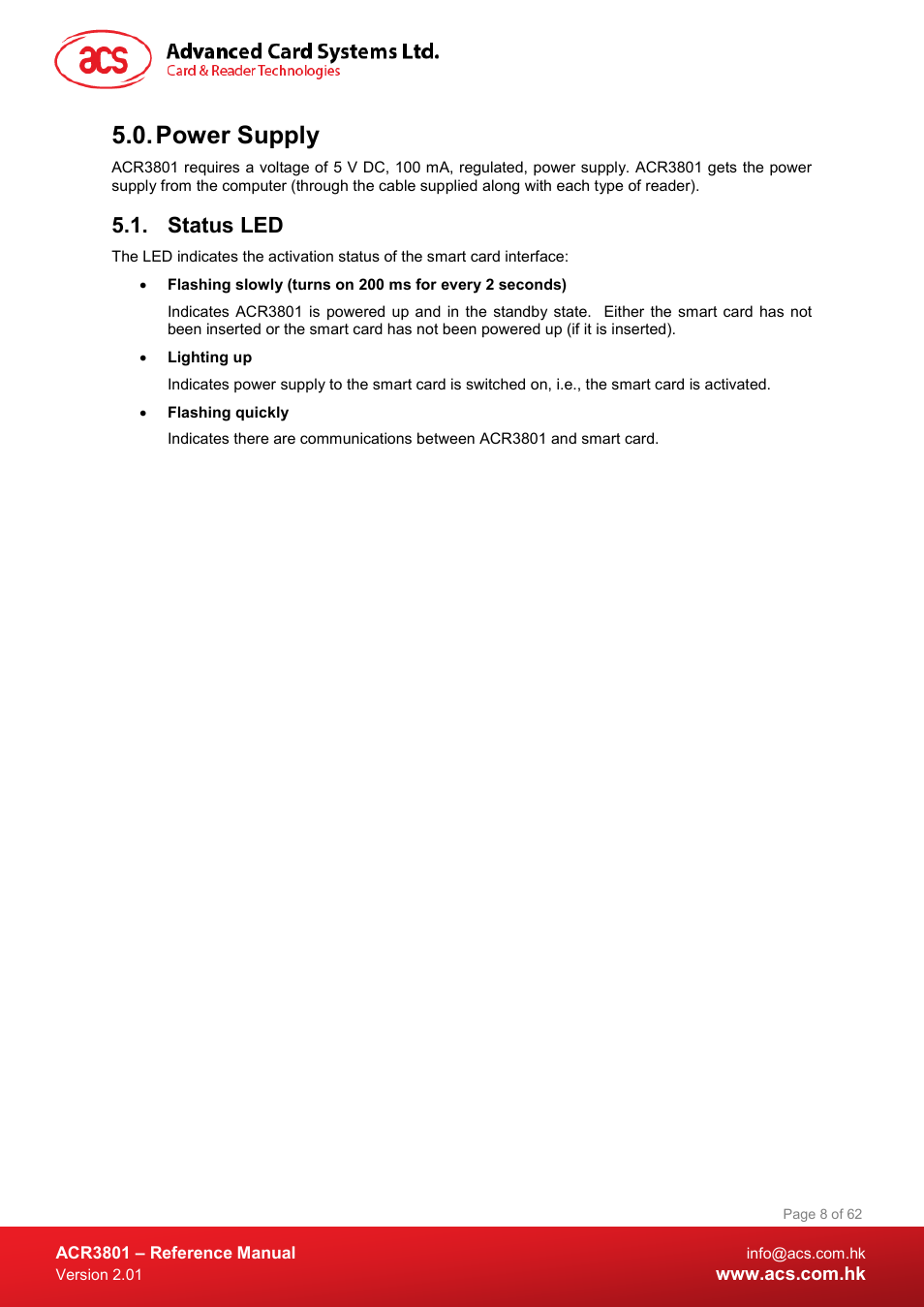 Power supply, Status led | ACS ACR3801 Smart Card Reader User Manual | Page 8 / 62