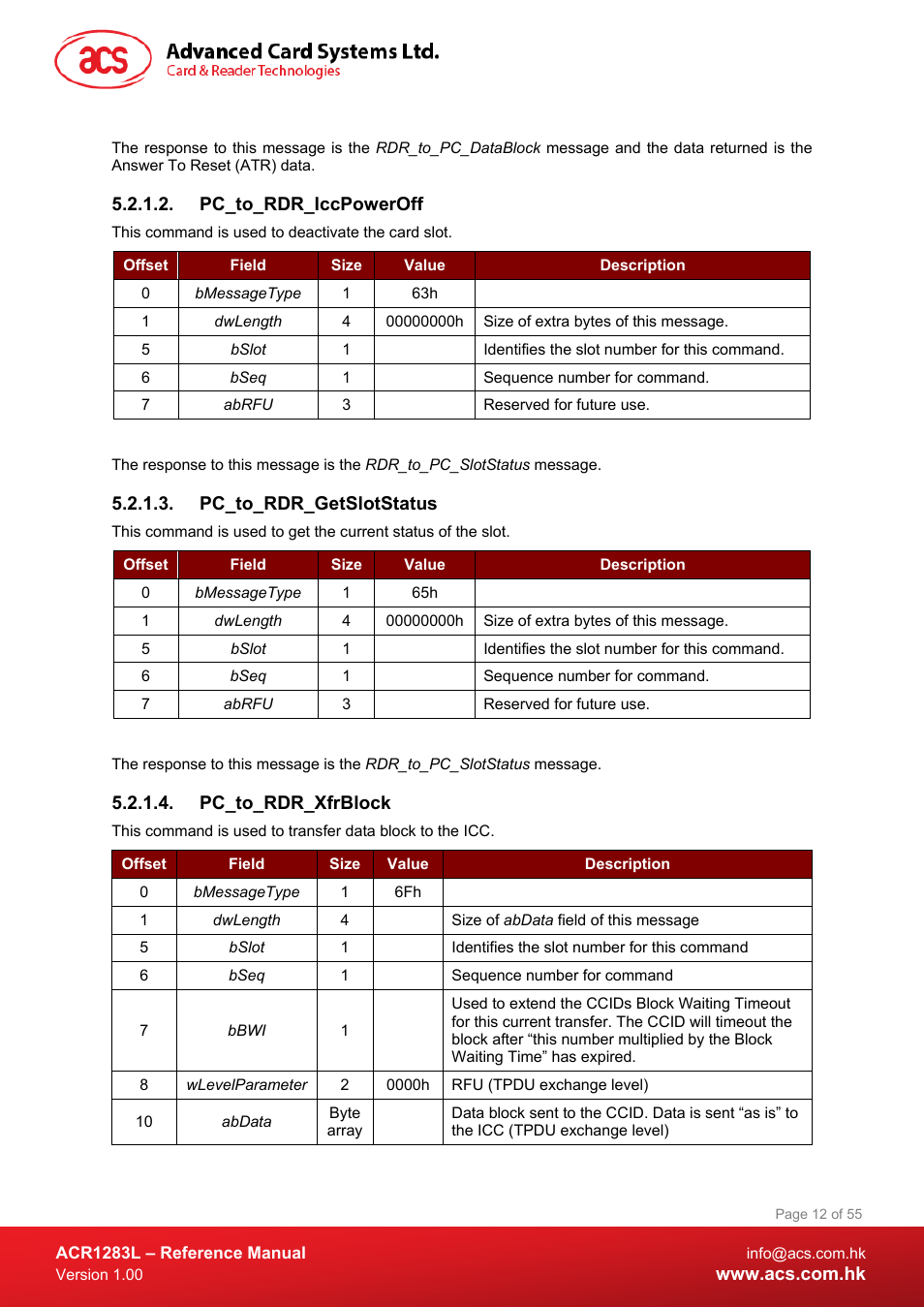 Pc_to_rdr_iccpoweroff, Pc_to_rdr_getslotstatus, Pc_to_rdr_xfrblock | ACS ACR1283L User Manual | Page 12 / 55